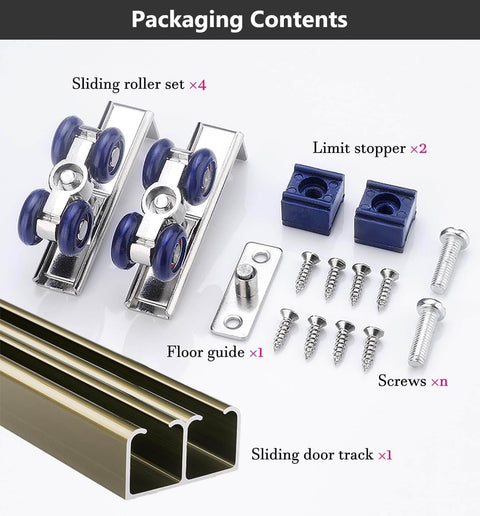 Premium Aluminum Sliding Barn Door Hardware Kit With Pocket Track and Rollers, includes track, roller sets, limit stoppers, and screws.