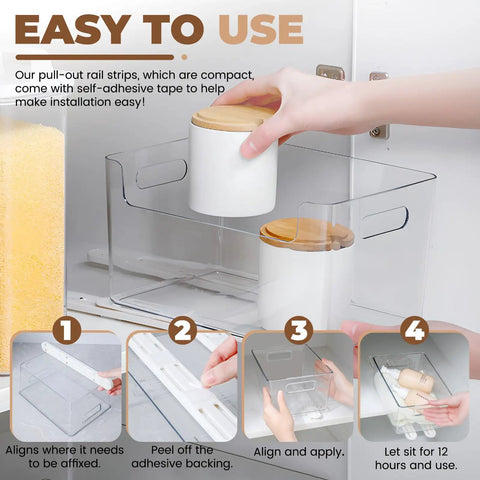 Super Slick Self Stick Adhesive Pull Out Cabinet Drawer Sliders With Heavy Duty Bottom Mount Rails For DIY Bin Organizers Easy No Drill Basket Shelf Converters in use with jars and step-by-step guide.