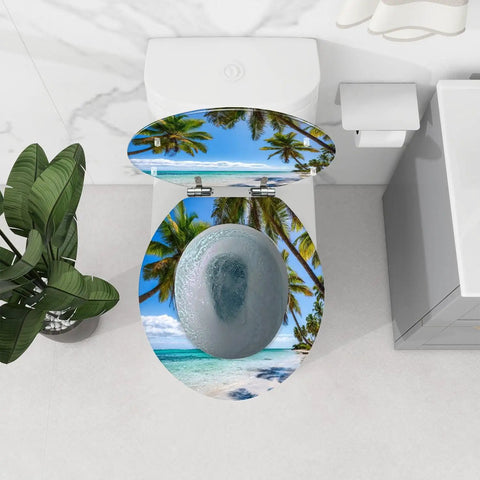 Upgrade Your Bathroom Game Zero Sweat Install With This Durable Resin Toilet Seat Cover Sporting A Tropical Thatched Umbrella Motif