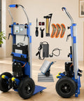 Rock Solid Electric Stair Climbing Dolly With 1250 Watt Motor And 900 Pound Capacity Folding Hand Truck Heavy Duty Moving Cart viewed from side with tools.