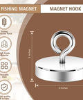 Heavy Duty Silver Fishing Magnet 2.0 Inch With Eyebolt Handle 350lb Neodymium Pickup Magnet on display with dimensions diagram