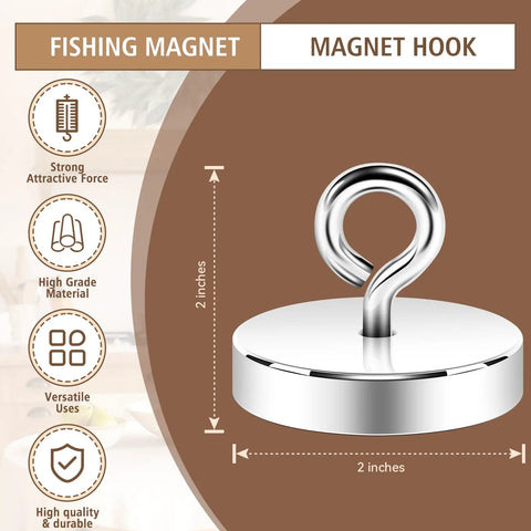 Heavy Duty Silver Fishing Magnet 2.0 Inch With Eyebolt Handle 350lb Neodymium Pickup Magnet on display with dimensions diagram