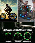 Rechargeable LED Bike Wheel Lights Spoke Lights Waterproof For Night Riding, showcasing patterns and speed effects on spokes.
