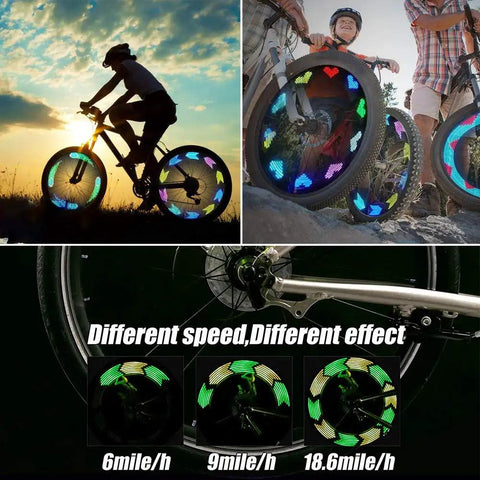 Rechargeable LED Bike Wheel Lights Spoke Lights Waterproof For Night Riding, showcasing patterns and speed effects on spokes.