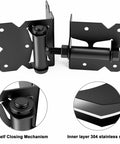 Heavy Duty 304 Stainless Steel Self Locking Gate Latch Hardware Two Sets With Top Notch Frosted Black Finish showing self closing mechanism and hinges.