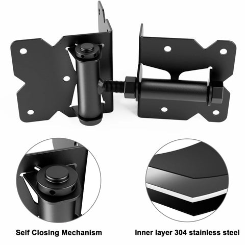 Heavy Duty 304 Stainless Steel Self Locking Gate Latch Hardware Two Sets With Top Notch Frosted Black Finish showing self closing mechanism and hinges.