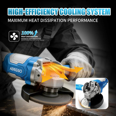 Cordless Brushless Angle Grinder Kit 21V 12000 RPM with 4.5 to 5 inch grinding discs, shown with cooling system operation.