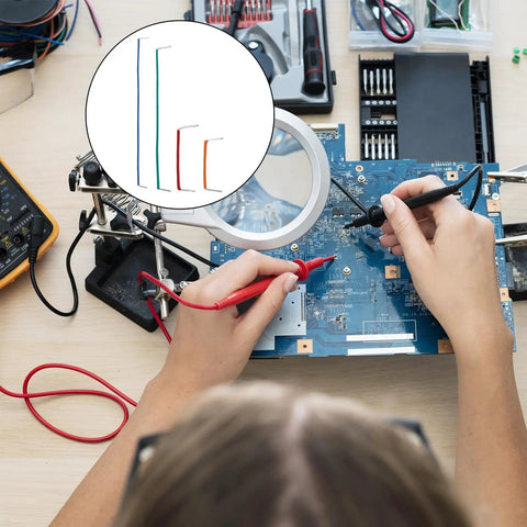 Person using 840 Piece Breadboard Jumper Wire Kit With 14 Sizes From 2mm To 125mm Solderless Flexible Cables For PCB Prototyping