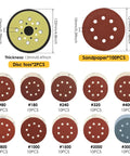 Huge 100 Pack Of 5 Inch Hook And Loop Sanding Discs With Eight Holes For Universal Random Orbital Sanders featuring various grit levels.