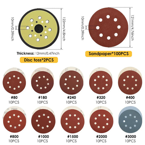 Huge 100 Pack Of 5 Inch Hook And Loop Sanding Discs With Eight Holes For Universal Random Orbital Sanders featuring various grit levels.