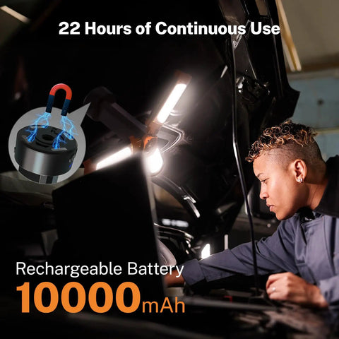 Person using a Rechargeable 10000mAh Camping Light With Stand Three Head LED Work Lamp 2200 Lumens under car hood