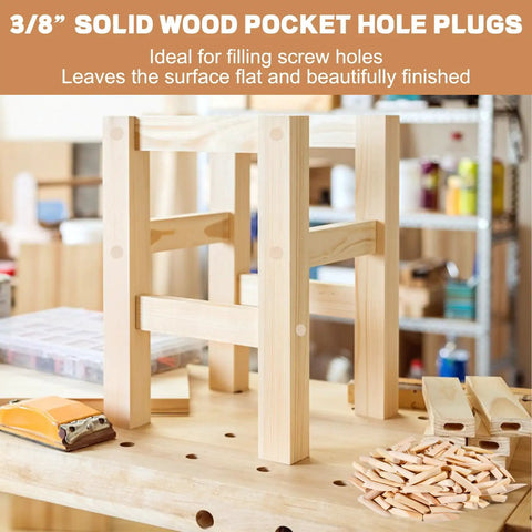200 Pack Solid Wood Pocket Hole Plugs For Woodworking Jig Pine Plugs For Three Eighths Inch Holes on workshop table