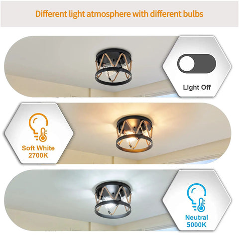 Industrial Three Light Farmhouse Ceiling Fixture With Rope Shade In Rustic Black Metal, light atmospheres shown with different bulbs