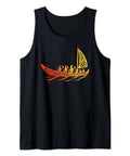 Hawaiian Outrigger Canoe Tank Top With Polynesian Tribal Art For Beach Lovers And Water Sports Fans Who Live For Ocean Vibes And Dope Island Style Everyday Wear featuring orange canoe art on black