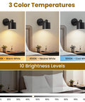 Lightess Battery Powered Wall Sconces Set of Two Black with Remote Control showing 3 color temperatures and brightness levels.