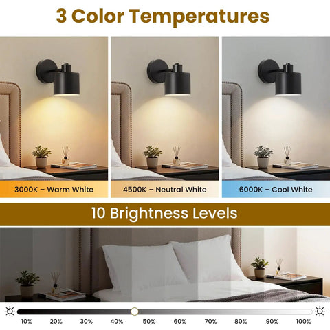 Lightess Battery Powered Wall Sconces Set of Two Black with Remote Control showing 3 color temperatures and brightness levels.