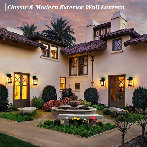 13 Inch Outdoor Wall Lights Two Pack Heavy Duty Matte Black Aluminum Exterior Sconce Fixtures For House Walls Porch Entryway Garage No Fuss Weatherproof With Clear Glass Panels illuminating elegant home exterior.