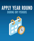 Calendar and clock graphic with text 'Apply Year Round During Dry Periods' for Deer And Rabbit Repellent Concentrate 40 Ounces Year Round Garden Spray For Plants Flowers Shrubs And Trees Long Lasting Rain Resistant Keeps Pests Off Your Yard.