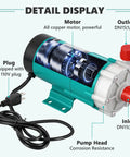 Built Tough Circulating Water Pump 507 GPH 110V Plug Magnetic Drive showing all copper motor, plug, inlet, and outlet details.