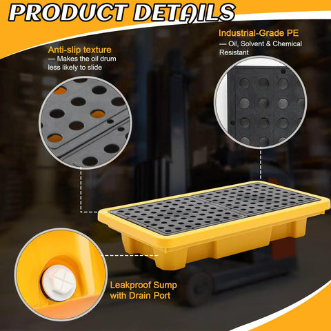 Heavy Duty Forkliftable Spill Pallet 48x24x4 Inch with 2000 Lbs Capacity showing anti-slip texture and leakproof sump