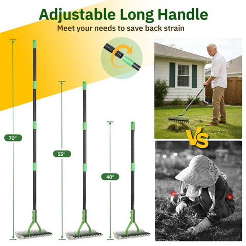 Dual Action Dethatcher Rake With 21 Long Tines On One Side And 55 Inch Adjustable Handle for easy garden lawn maintenance.