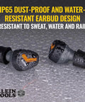 IP65 rated Jobsite Bluetooth Earbuds With 28 dB Noise Reduction Memory Foam Tips, resistant to water and dust, shown with droplets