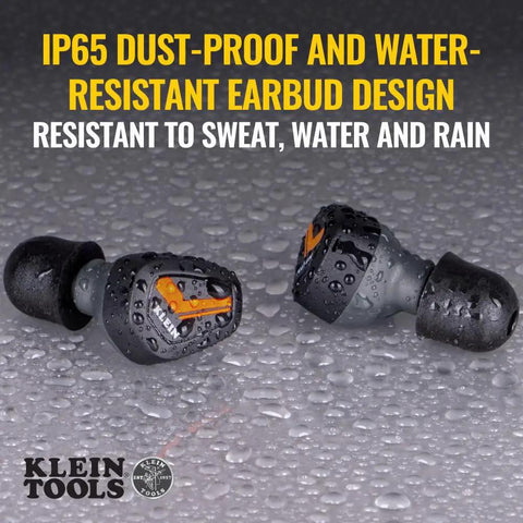 IP65 rated Jobsite Bluetooth Earbuds With 28 dB Noise Reduction Memory Foam Tips, resistant to water and dust, shown with droplets