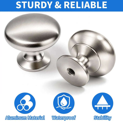 Close-up of two silver round cabinet knobs made of solid aluminum, labeled sturdy and reliable, from Ten Pack Silver Round Cabinet Knobs.
