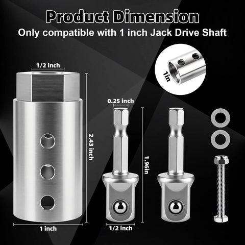 Heavy Duty Trailer Jack Drill Adapter Kit For One Inch Jack Drive Shafts With Dual Half Inch Socket Bits components and dimensions.