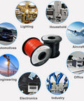10 AWG Silicone Wire 50 Ft Red And Black Spools shown with automotive, lighting, household, aircraft, office, engineering, and electronics icons
