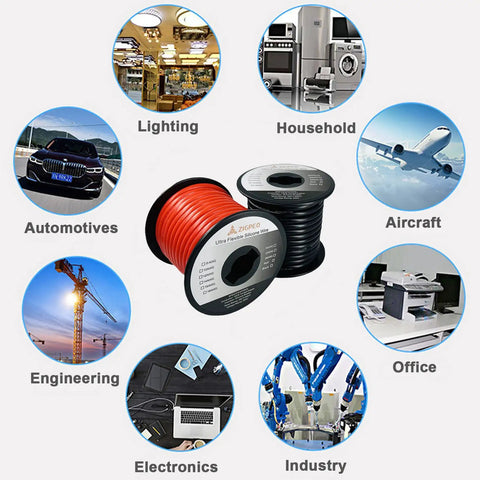 10 AWG Silicone Wire 50 Ft Red And Black Spools shown with automotive, lighting, household, aircraft, office, engineering, and electronics icons