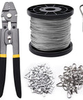 Pro Grade Heavy Duty Wire Rope Crimping Tool Kit With 328 Feet Of One Sixteenth Inch Stainless Steel Cable Aluminum Crimp Sleeves And Stainless Thimbles For Railing Decking And Picture Hanging Projects, showing tool, cable spool, crimp sleeves, and thimbles.