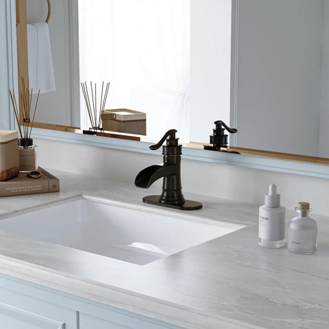 Oil Rubbed Bronze Bathroom Sink Faucet 1 Hole Single Handle Waterfall Faucet No Fuss With Pop Up Drain And Hoses Lead Free Vanity Faucet For Home Or Commercial Use Solid Brass Construction on marble sink