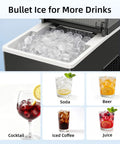 Compact Countertop Ice Maker With One Touch Auto Clean System That Skips The Grunt Work Cools Down Fast And Spits Out Crisp Crystal Clear Ice - Bullet ice in bin with various drinks.