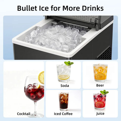Compact Countertop Ice Maker With One Touch Auto Clean System That Skips The Grunt Work Cools Down Fast And Spits Out Crisp Crystal Clear Ice - Bullet ice in bin with various drinks.