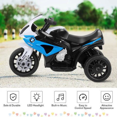 BMW Licensed 6V Ride On Motorcycle For Kids With Music, Foot Pedal Acceleration, Front Headlight, Leather Seat Cushion, 3 Wheel Battery Powered Tricycle Toy, Safe Metal Frame, Sapphire Color, side view