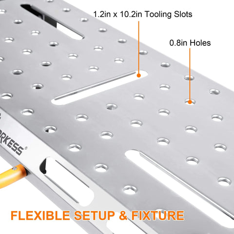 Close-up of Heavy Duty Welding Table With 1000 Lb Load Capacity, Folding Metal Workbench, showing 0.8 inch fixture holes.