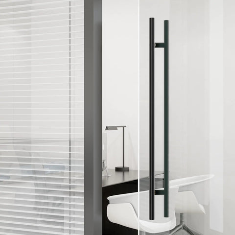 Offset Double Sided Door Pull Handle Built To Last In Matte Black 48 Inch Length 304 Stainless Steel Round Bar Ladder Style Push Pull For Heavy Duty High Traffic Entrances on glass office door