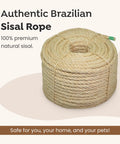 Coiled all-natural Brazilian sisal rope, 100% sisal, chemical-free, for DIY projects, cats, home decor. Diameter: 1/4 inch, length: 50 ft.