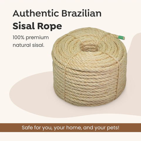 Coiled all-natural Brazilian sisal rope, 100% sisal, chemical-free, for DIY projects, cats, home decor. Diameter: 1/4 inch, length: 50 ft.