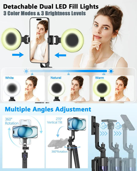All In One Vlogging Kit For iPhone And Android With 63 Inch Auto Face Tracking Tripod, showing dual LED lights and phone holder.