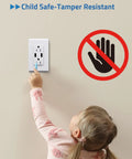 Child interacting with Snazzy Dual Usb Wall Outlet With 15A Tamper Resistant Jacks and 3.6A Quick Charge Ports, showing safety features.