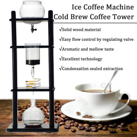 Hella Smooth Cold Brew Drip Coffee Maker With 1000 Ml Glass Pitcher And Sturdy Wooden Base, featuring a sleek, solid wood structure for coffee brewing.
