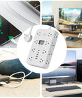 Total Game Changer Flat Power Strip With Eleven AC Outlets And Three Smart USB Chargers for versatile charging near devices.