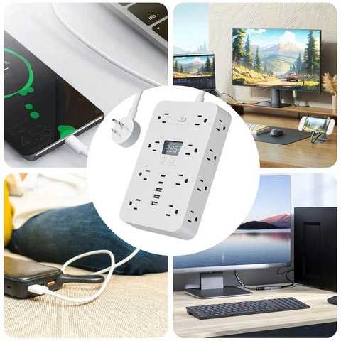Total Game Changer Flat Power Strip With Eleven AC Outlets And Three Smart USB Chargers for versatile charging near devices.