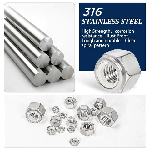 175 Pcs Nylon Insert Lock Nuts Set In 9 Sizes 316 Stainless Steel Hex Nylon Insert Locknuts shown with steel rods