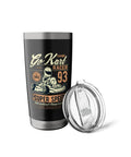 Black tumbler with go-kart racer design next to lid, Electric Go Kart For Adults Amps Up High Speed Thrill Ride logo