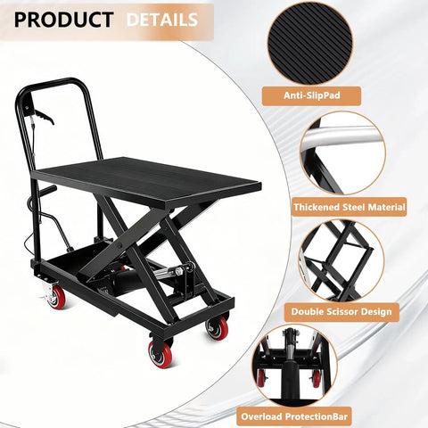 Heavy Duty Hydraulic Lift Table Cart Manual Scissor Platform No Sweat Foot Pump Operation Non Slip Pad Rock Solid Steel Frame Locking Caster Wheels Smooth Raises For Garage Shop Daily Grind