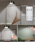 Must Have Picture Lights For Wall Magnetic Art Display Light Battery Operated LED Painting Light With Remote Control Dimmable And Timer 3 Pack Black Three Lighting Modes For Gallery Wall shown with remote control options