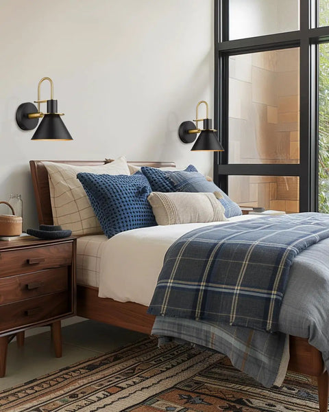 Bedroom with set of 2 industrial wall sconce lights modern 1 light vanity fixtures in matte black with brushed gold interior.